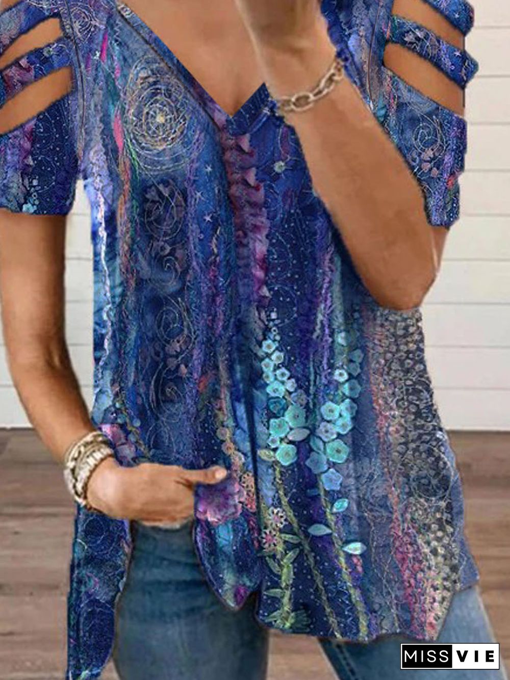 Casual Loosen Floral Romantic Pastoral V Neck Tunic Short Sleeve T-Shirt