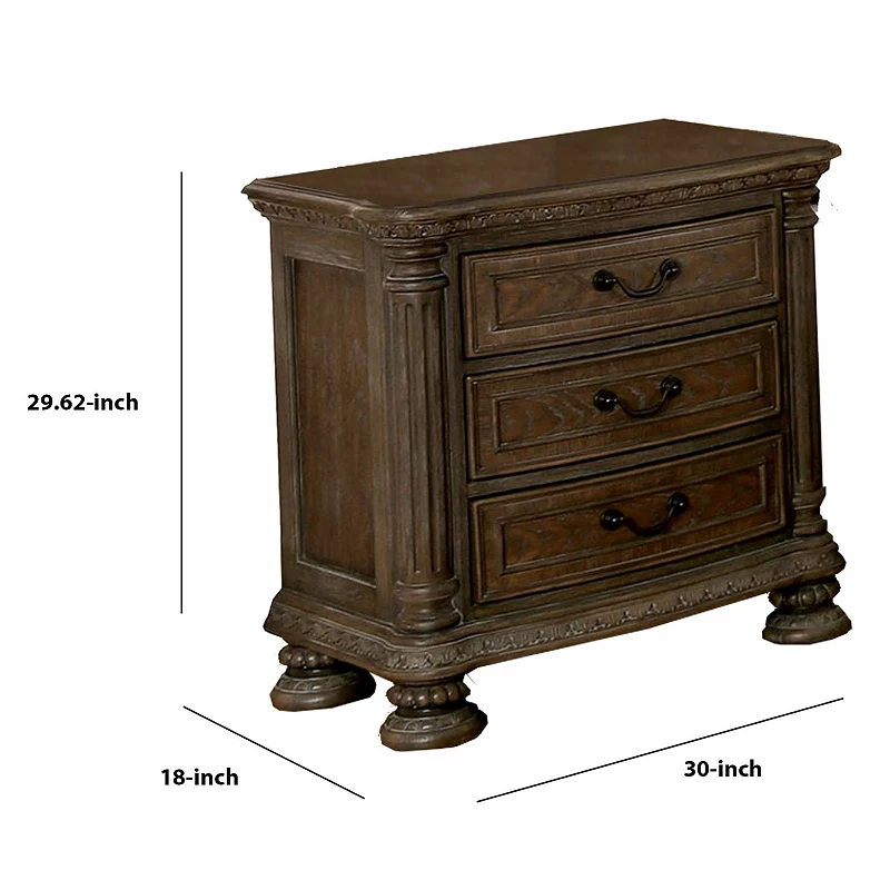 Wooden Nightstand with 3 Drawers and Intricate Carving Details， Brown