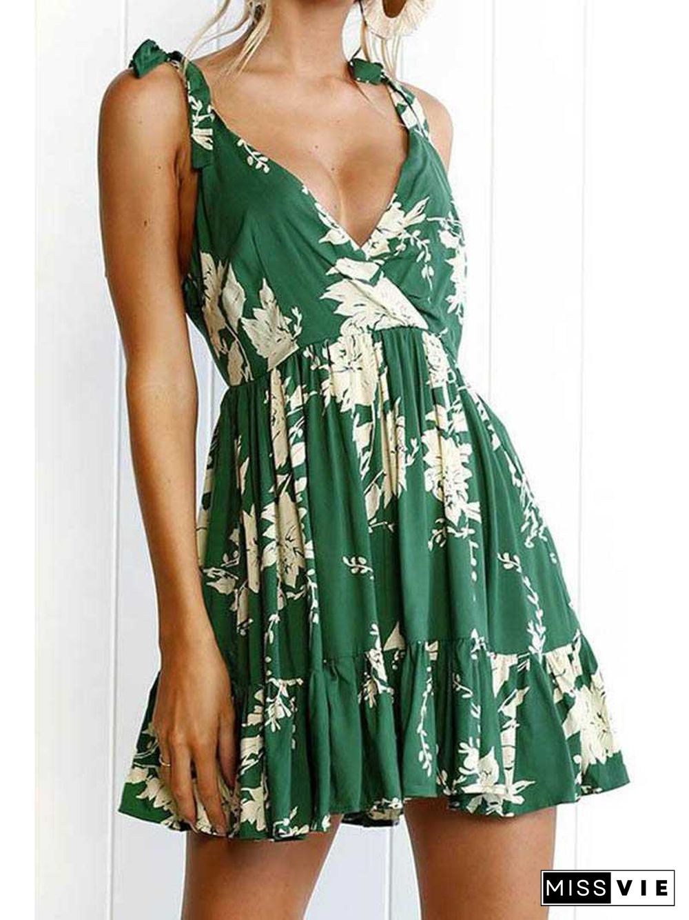 Floral Flowy Plunge Short Dress Open Backs