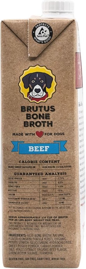 Brutus Broth Bone Broth Beef Flavor Hip and Joint Human-Grade Dog Food Topper， 32-oz box