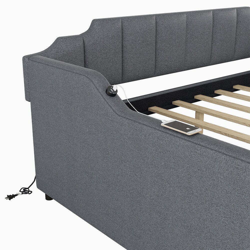 Full Size Grey Upholstered Daybed with Adjustable Trundle and USB Port