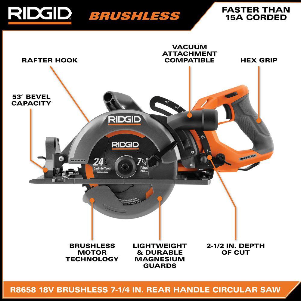 RIDGID 18V Brushless Cordless 7-14 in. Rear Handle Circular Saw with 18V 8.0 Ah MAX Output EXP Lithium-Ion Battery R8658B-AC840080