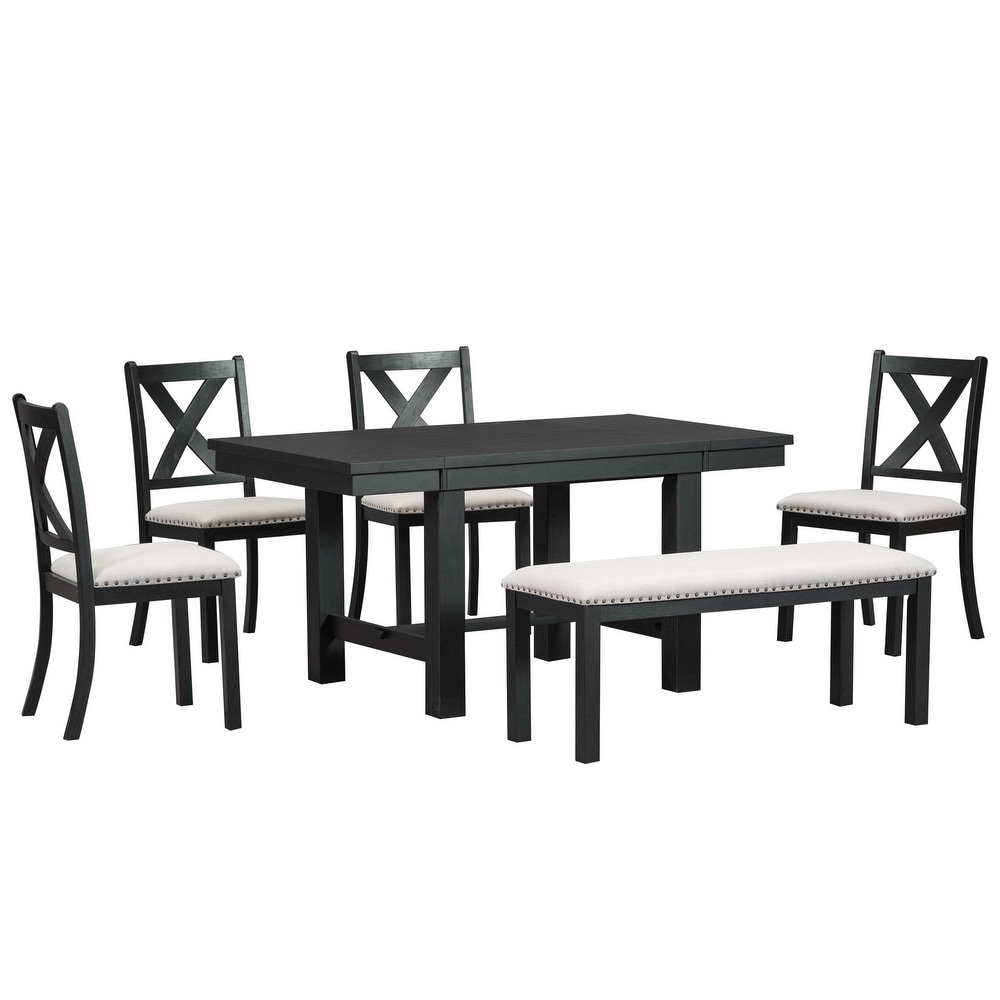 Farmhouse 6 Piece Dining Set with Rectangular Extendable Dining Table and Upholstered Chairs   Bench w/Nailhead for Diningroom