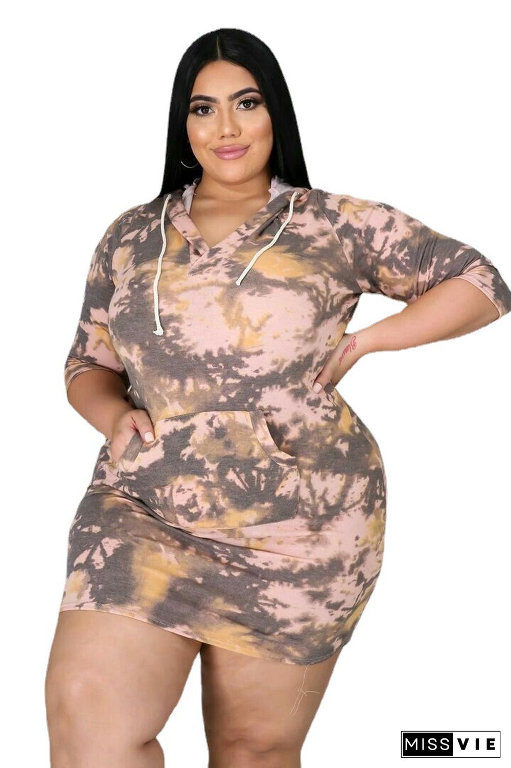 Women Tye Dye Print Three Quarter Sleeve Hooded Neck Sweatshirt Plus Size Mini Dress