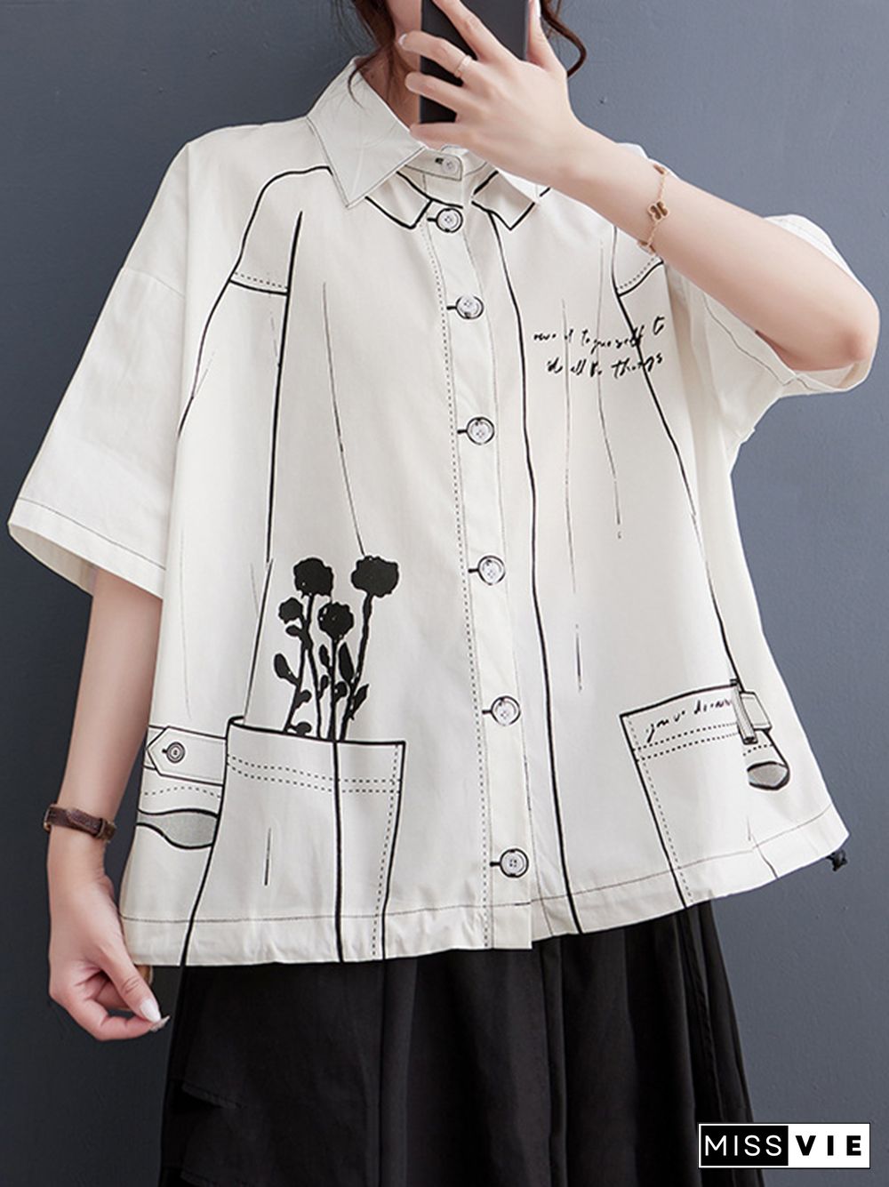 Loose Short Sleeves Contrast Color Printed Split-Joint Lapel Blouses