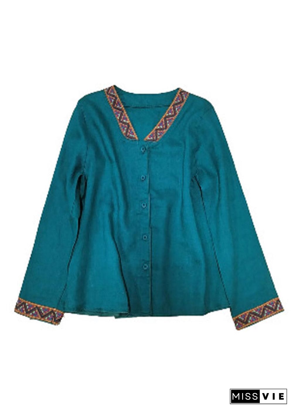 Boho Blue V Neck Embroideried Button Linen Shirt Long Sleeve