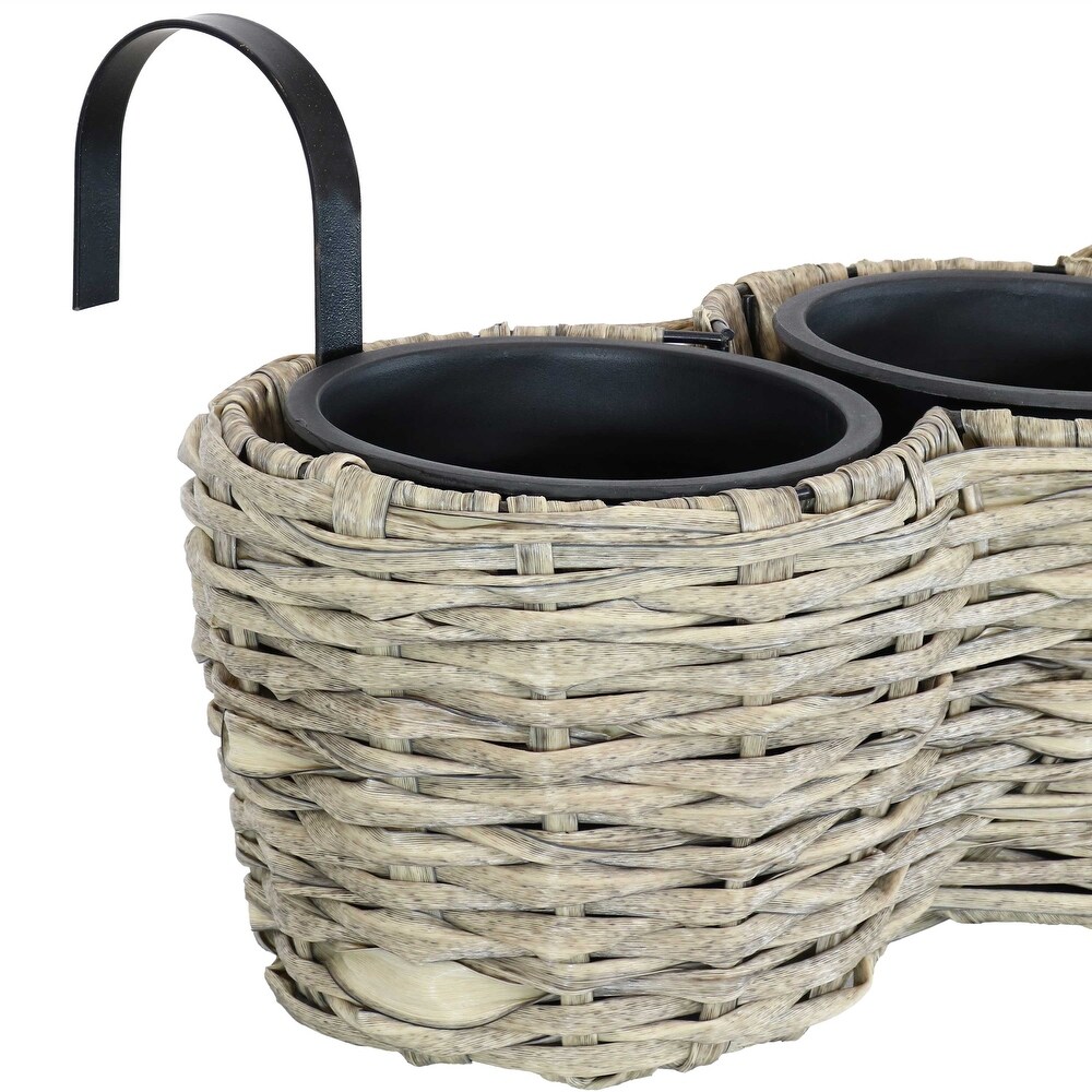 Sunnydaze Round Polyrattan Over the Rail Tri Planter   Frost