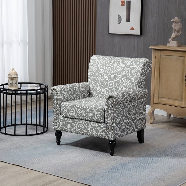 Floral Pattern Mid-Century Modern Accent Chair， Linen Armchair