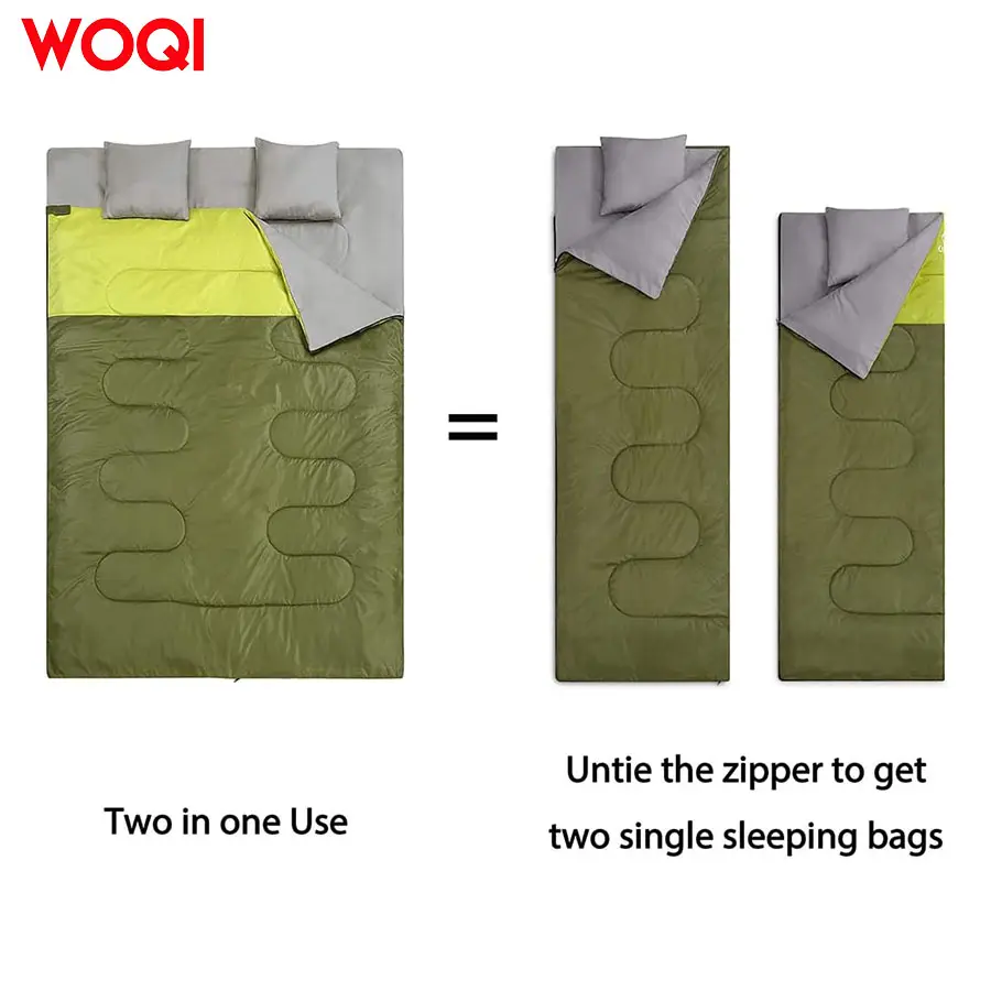 WOQI large waterproof adult double sleeping bag with 2 pillows  suitable for all season camping and hiking backpacks