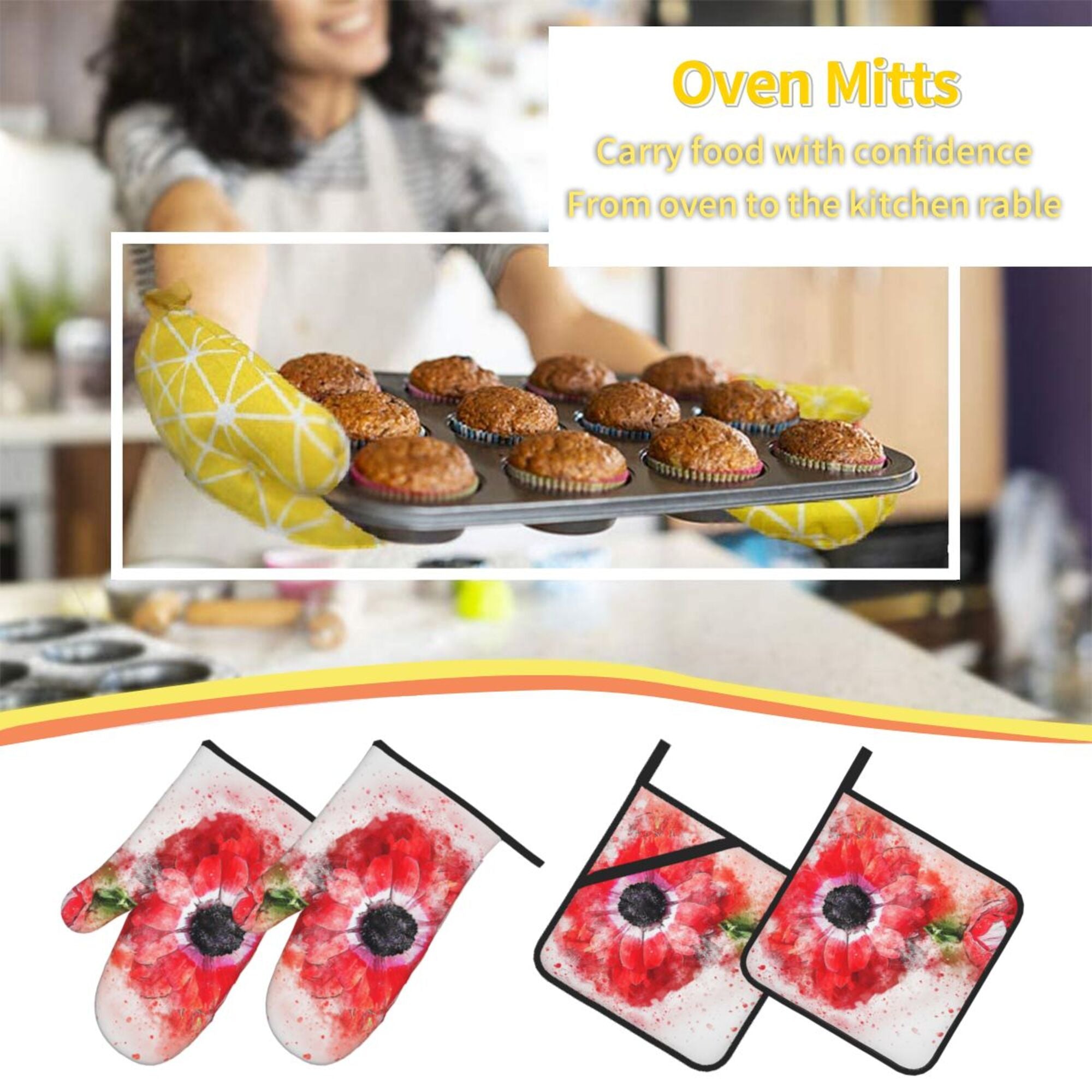 YFYANG Oven Mitts and Pot Holders Sets 4 Pieces， Non-Slip Heat Resistant Watercolor Red Flower Art Kitchen Glove Pot Mat for Cooking and Baking