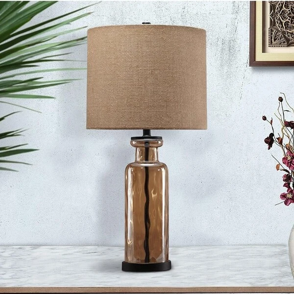 Glass Table Lamp with Fabric Drum Shade， Gold and Beige