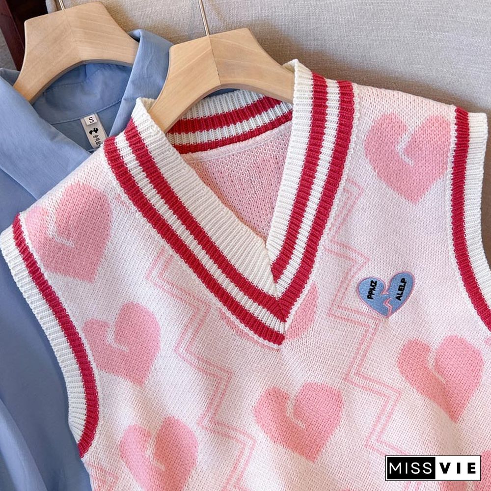 Love Heart Embroidery Vest Sweater Loose Shirt Two Pieces