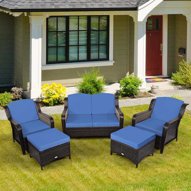 5 Pcs Rattan Wicker Patio Furniture Set with Loveseat, Single Sofas & Ottomans, Outdoor Conversation Sets