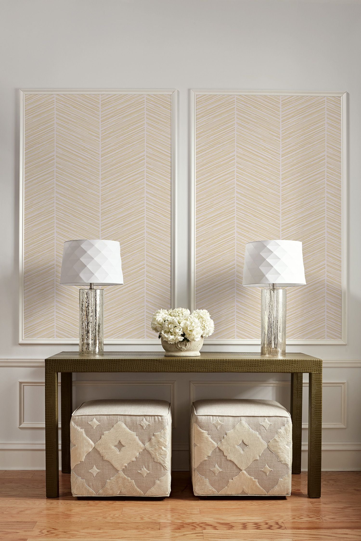 Herringbone Stripe Wallpaper in Gold and Off-White from the Casa Blanca II Collection