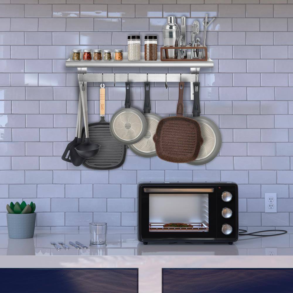 AMGOOD 48 in. W x 12 in. D Stainless Steel Wall Mounted Pot Rack with Shelf Kitchen Restaurant Room Decorative Wall Shelf AMG WS-PS-1248