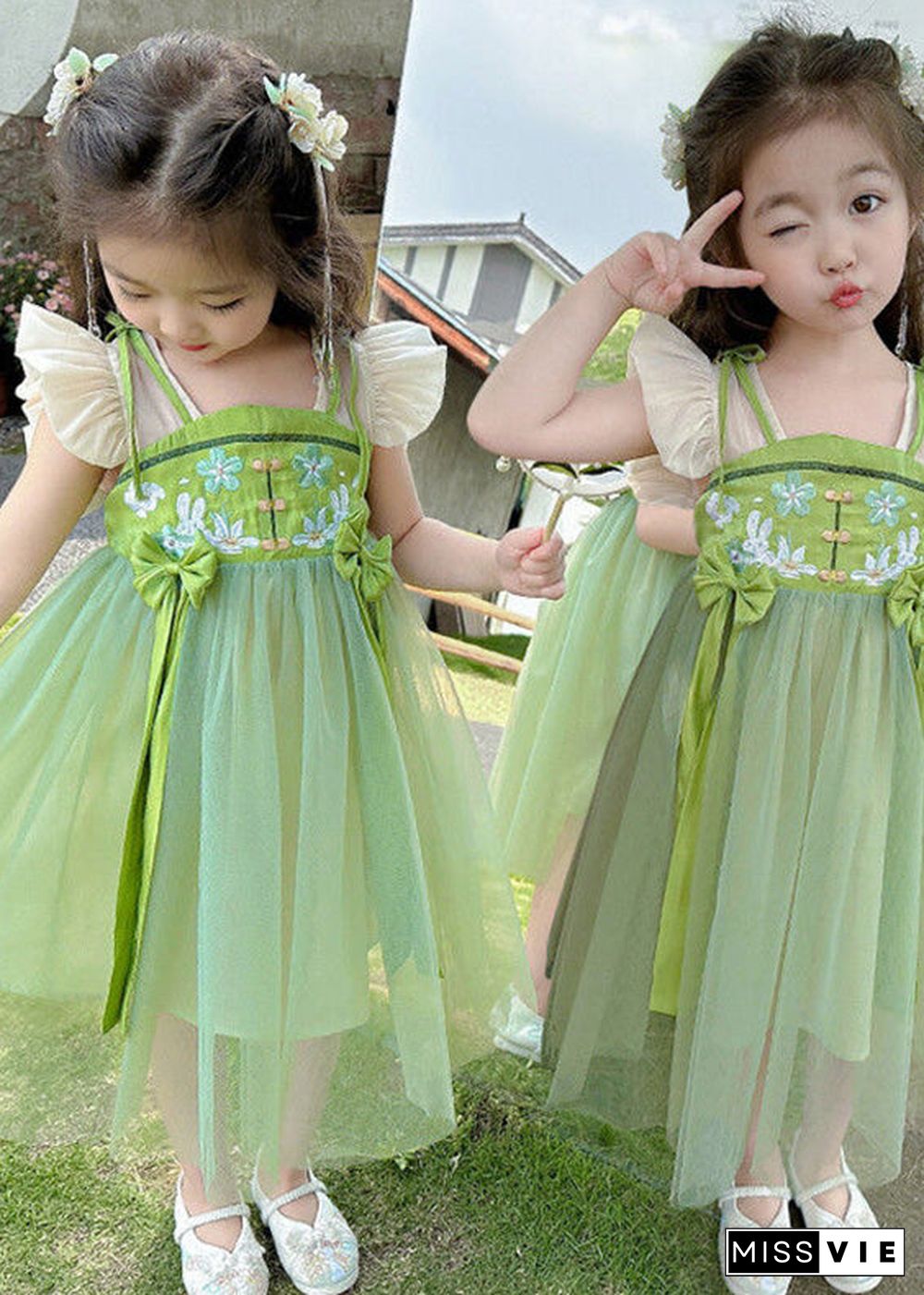 Elegant Green Embroideried Patchwork Bow Tulle Kids Long Dress Short Sleeve