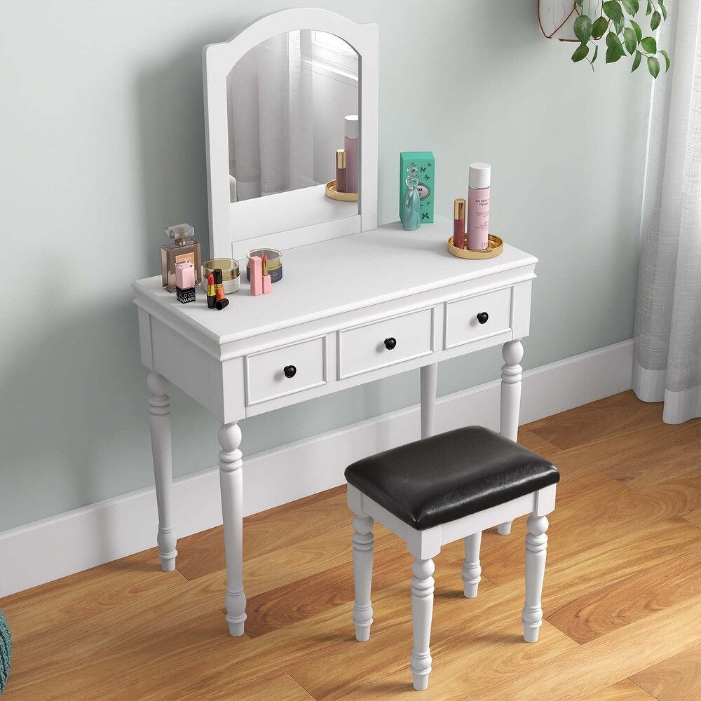 Costway Vanity Table Set Makeup Desk Cushioned Stool 3 Drawer Large   See Details