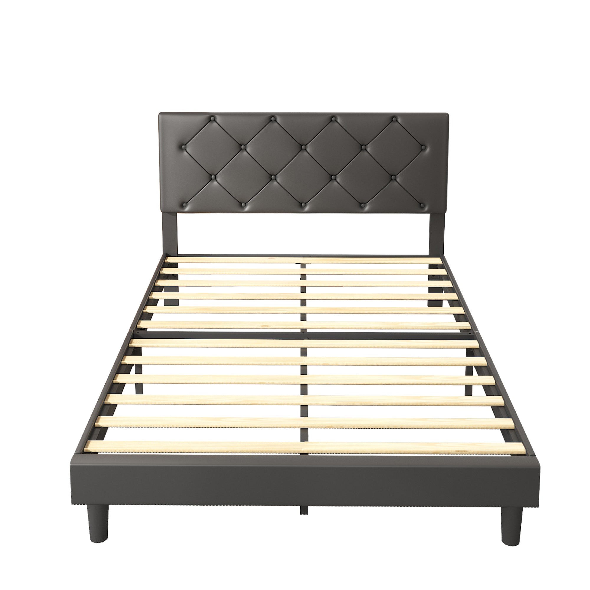 uhomepro Upholstered Platform Full Bed Frame for Adults Kids, Modern Black Full Bed Frame with Headboard, Wood Slat Support, Mattress Foundation, No Box Spring Needed