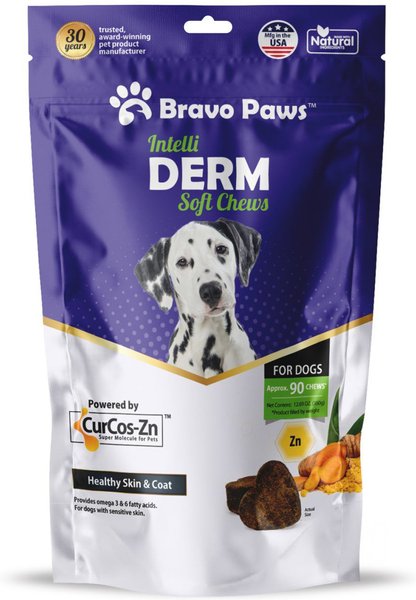 Bravo Paws Intelli Derm Dog Soft Chews Treats， 12.69-oz pouch， 90 count