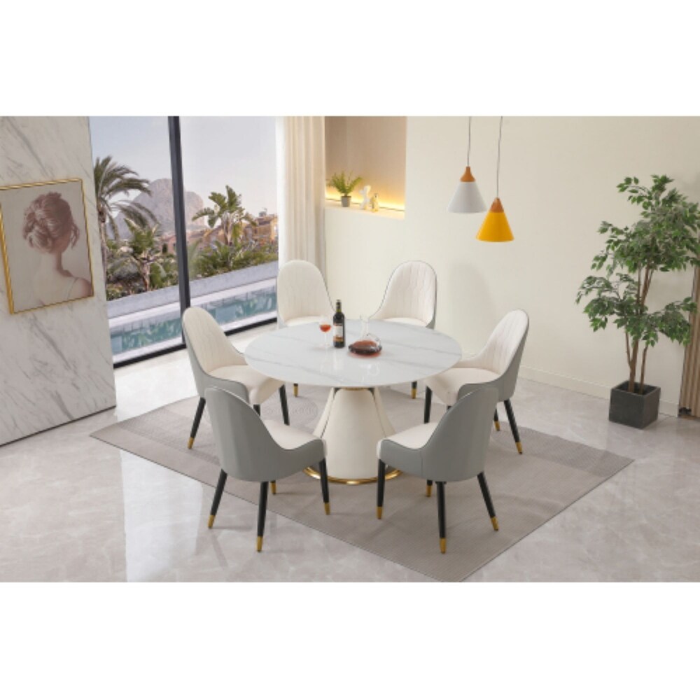 53in Modern Gold Round Dining Table Set with Stainless Steel Base with 6 pcs Chairs