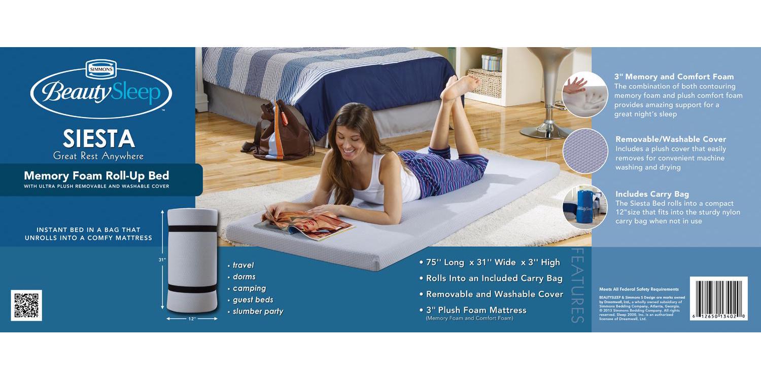 Simmons Beautysleep Siesta Single Memory Foam Guest Roll-Up Extra Portable Mattress Bed