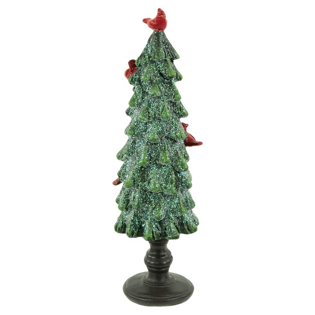 Green Glittered Christmas Tree With Red Cardinals Decoration