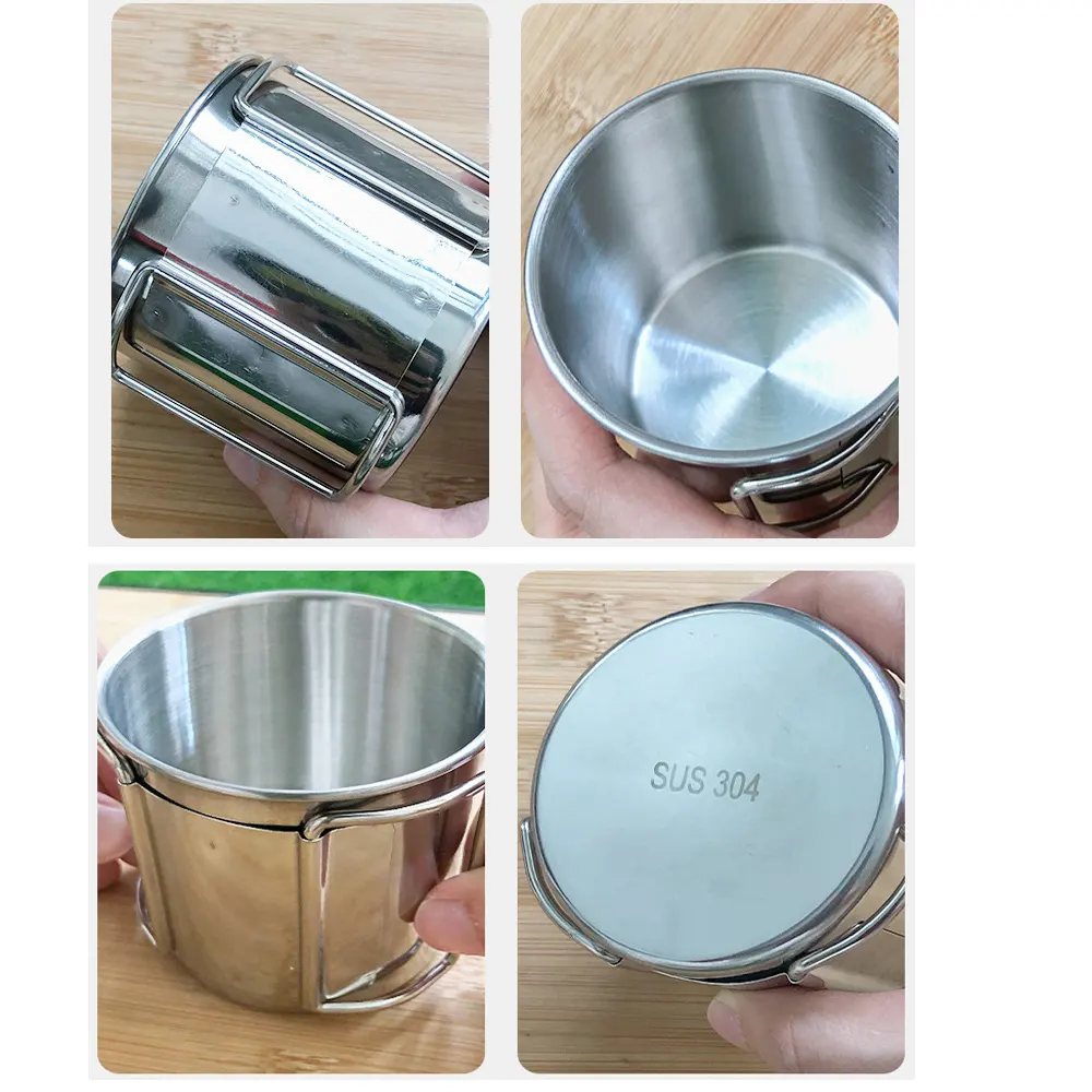 Stainless Steel 304 Outdoor Water Cup Portable  Thickening Camping Hiking Fishing Travel Beer Camping Mugs with Folding Handle