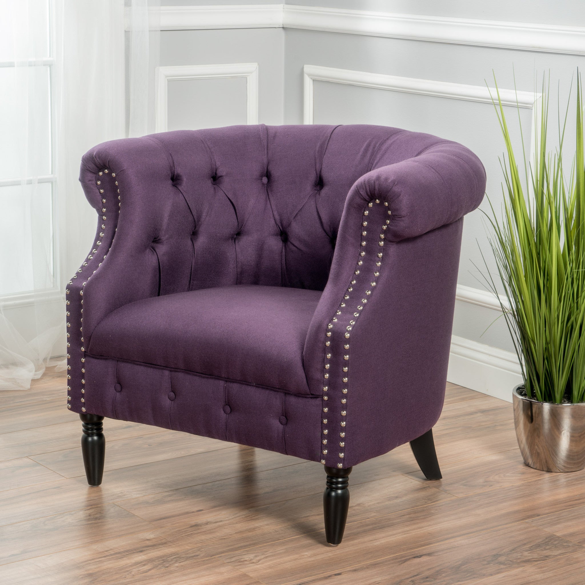 Aries Rolled Back Button Tufted Fabric Tub Design Club Chair