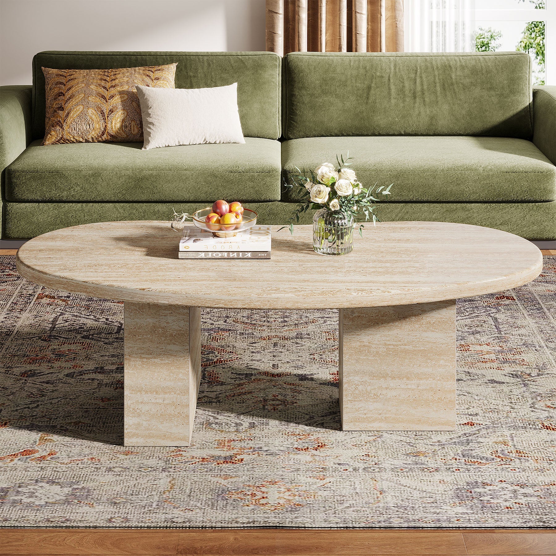 45 Coffee Table, Wood Center Table with Asymmetric Pedestal Legs