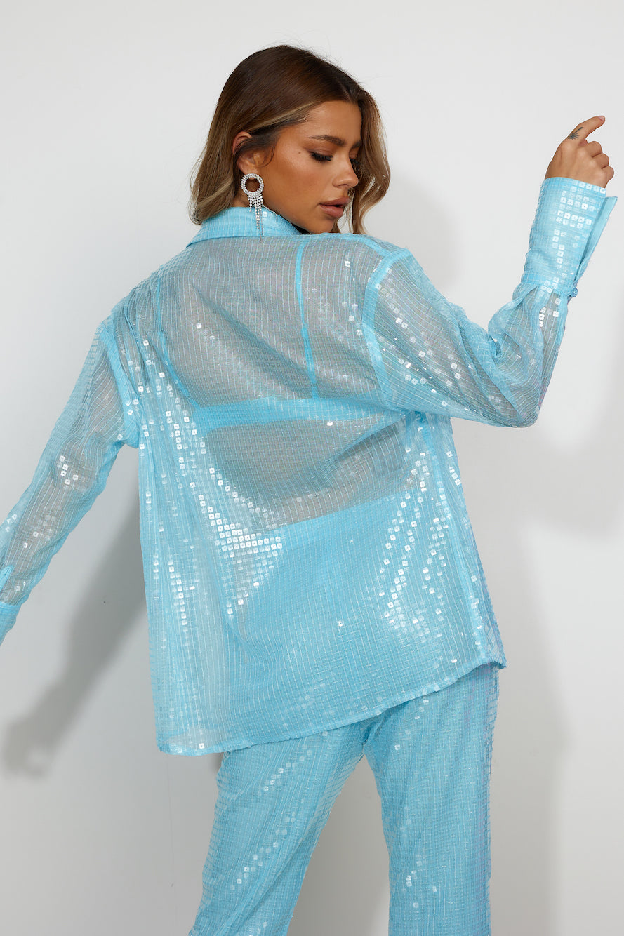 RUNAWAY The Sequin Shirt Aqua