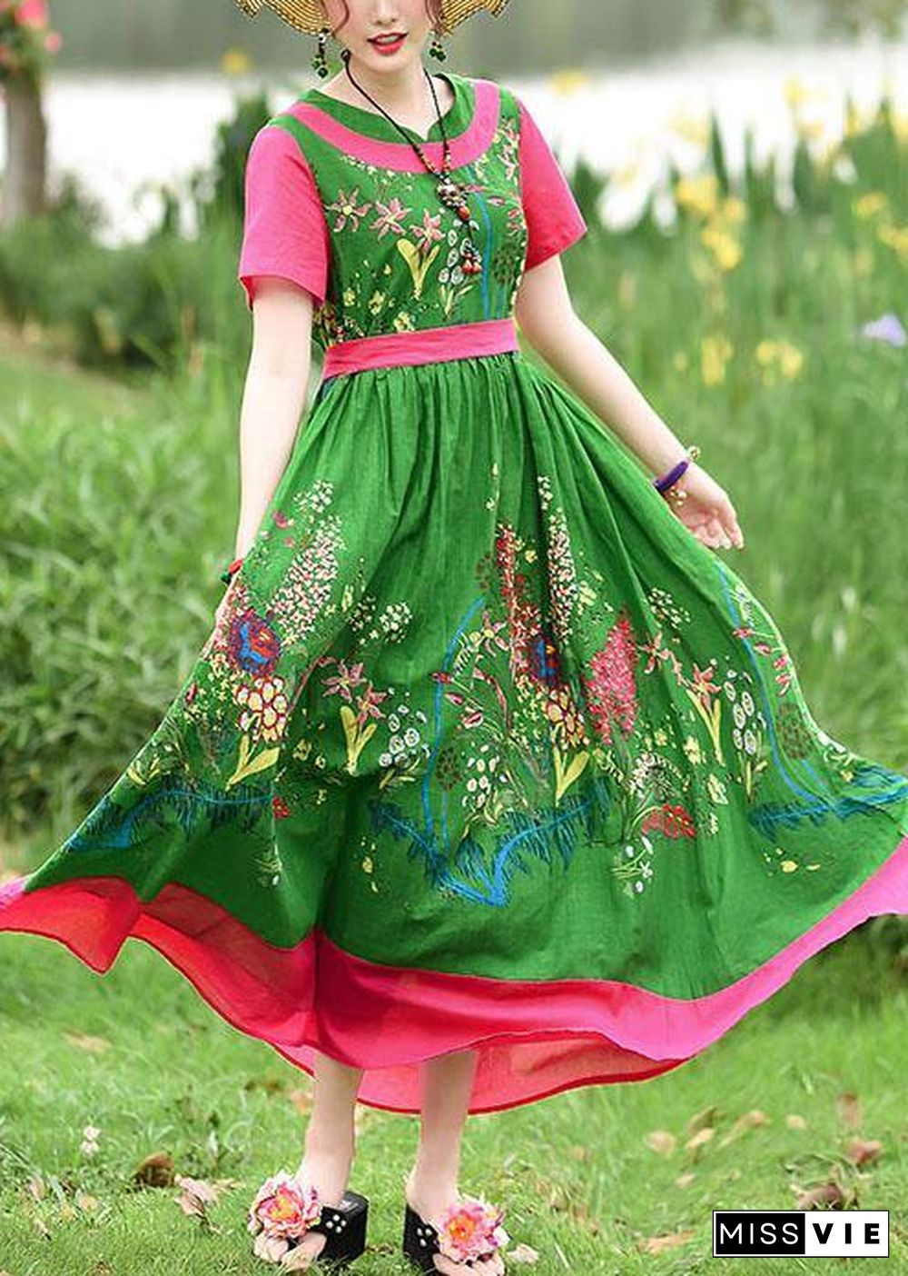 DIY tie waist patchwork cotton quilting dresses Runway green print Kaftan Dress summer