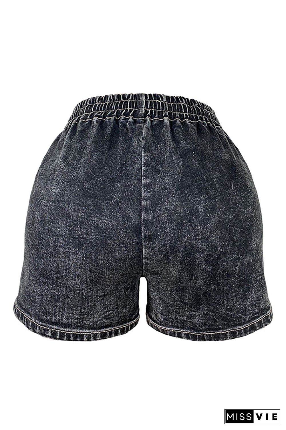 Black-Gray Drawstring Elastic Waist Denim Shorts