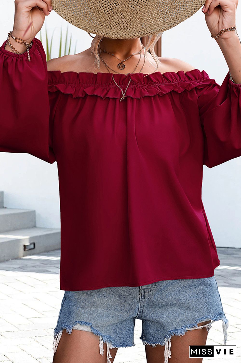 Off Shoulder Lantern Sleeves Plain Blouse