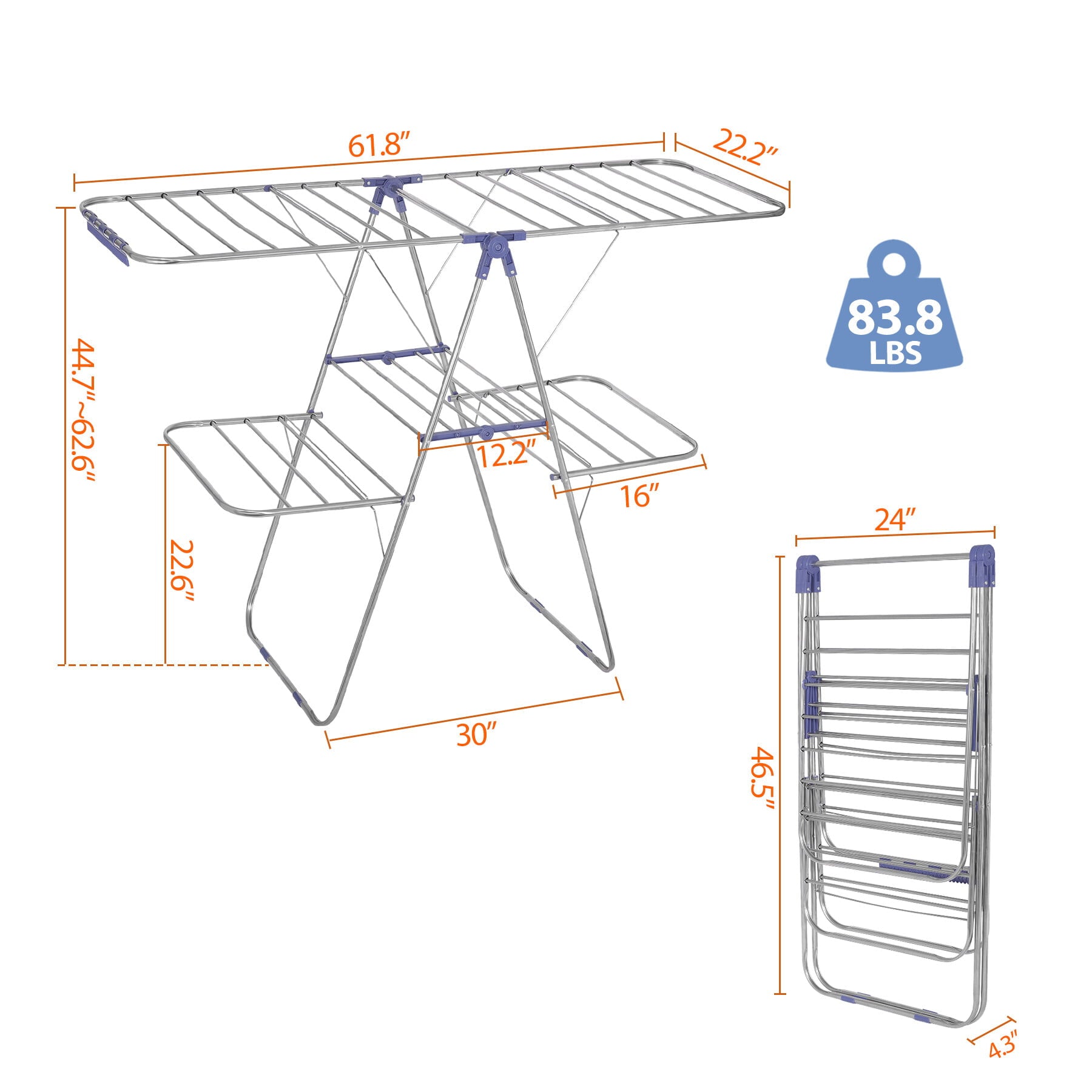 ZENY Clothes Drying Rack, Foldable Drying Hanger with Height-Adjustable Wings, for Clothes, Towels, Linens, Indoor/Outdoor