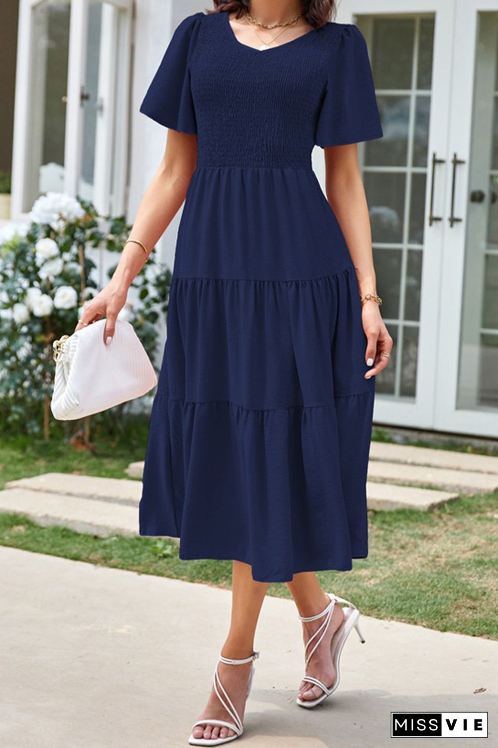 V Neck Smocked Tiered Short Sleeves Dress