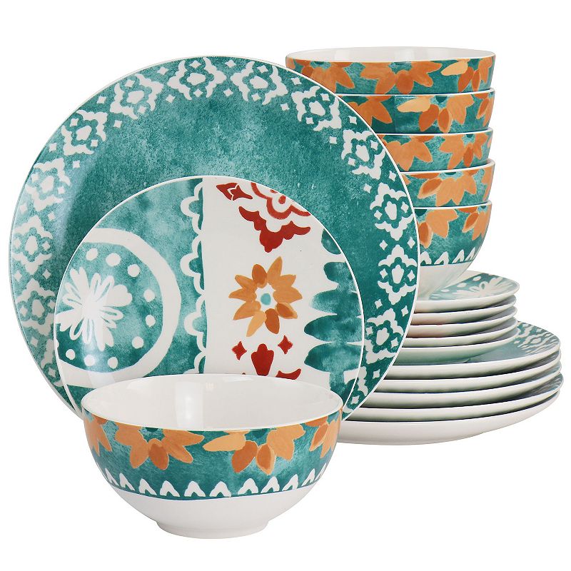 Spice by Tia Mowry Savory Saffron 18 Piece Fine Ceramic Dinnerware Set in Decorated Teal