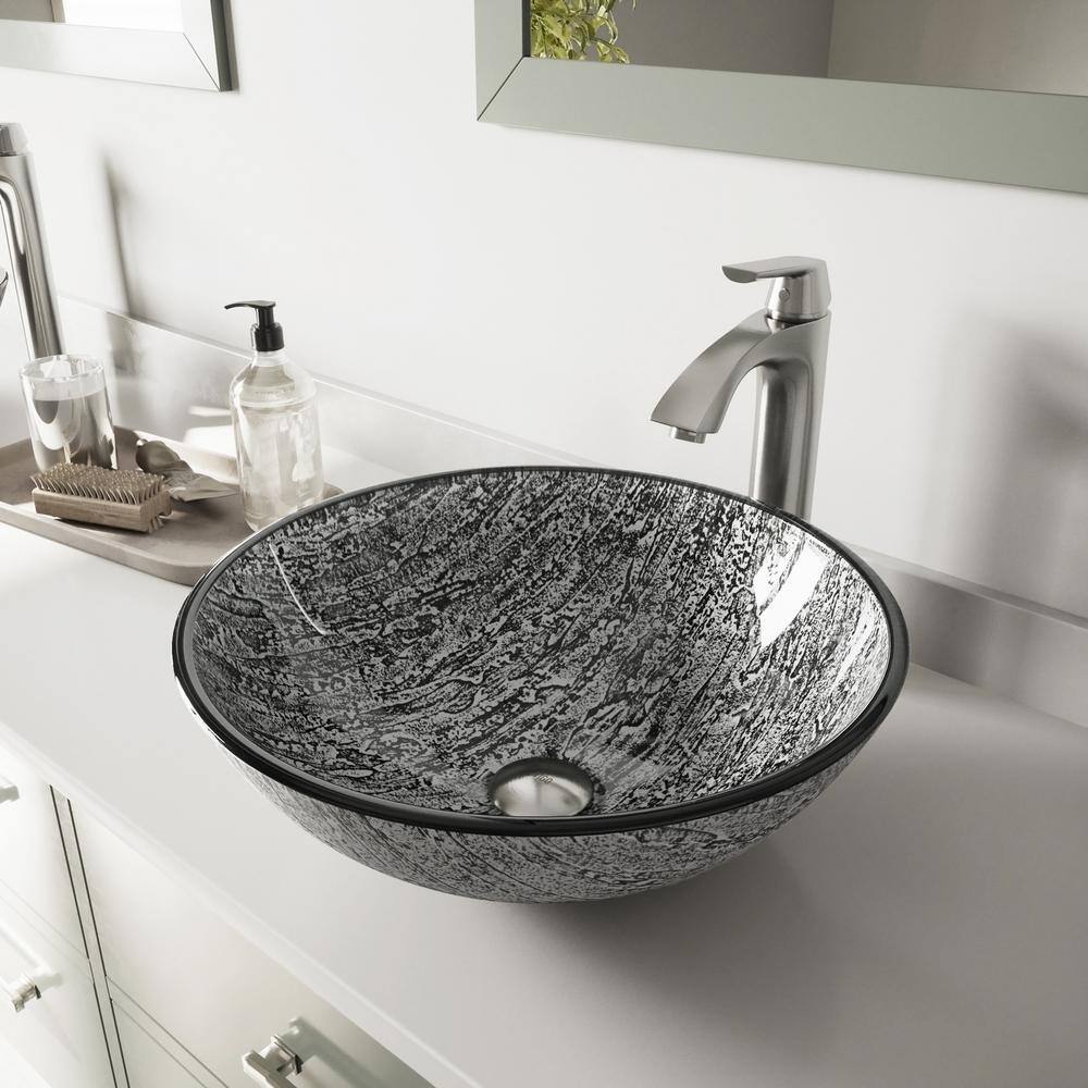 VIGO Glass Round Vessel Bathroom Sink in Titanium Gray with Linus Faucet and Pop-Up Drain in Brushed Nickel VGT559