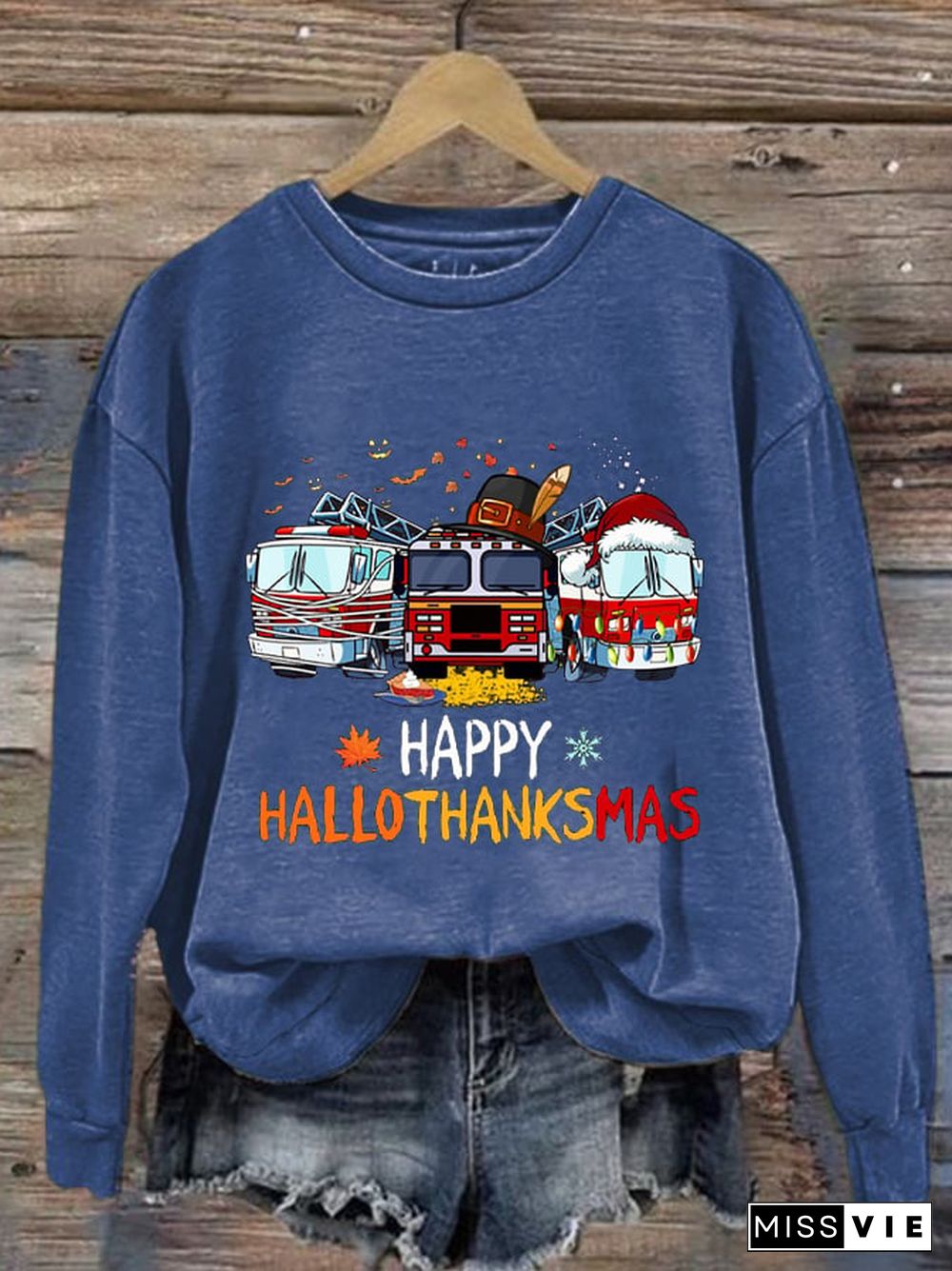 Women's Casual Happy Hallothankmas Firefighter Print Long Sleeve Sweatshirt