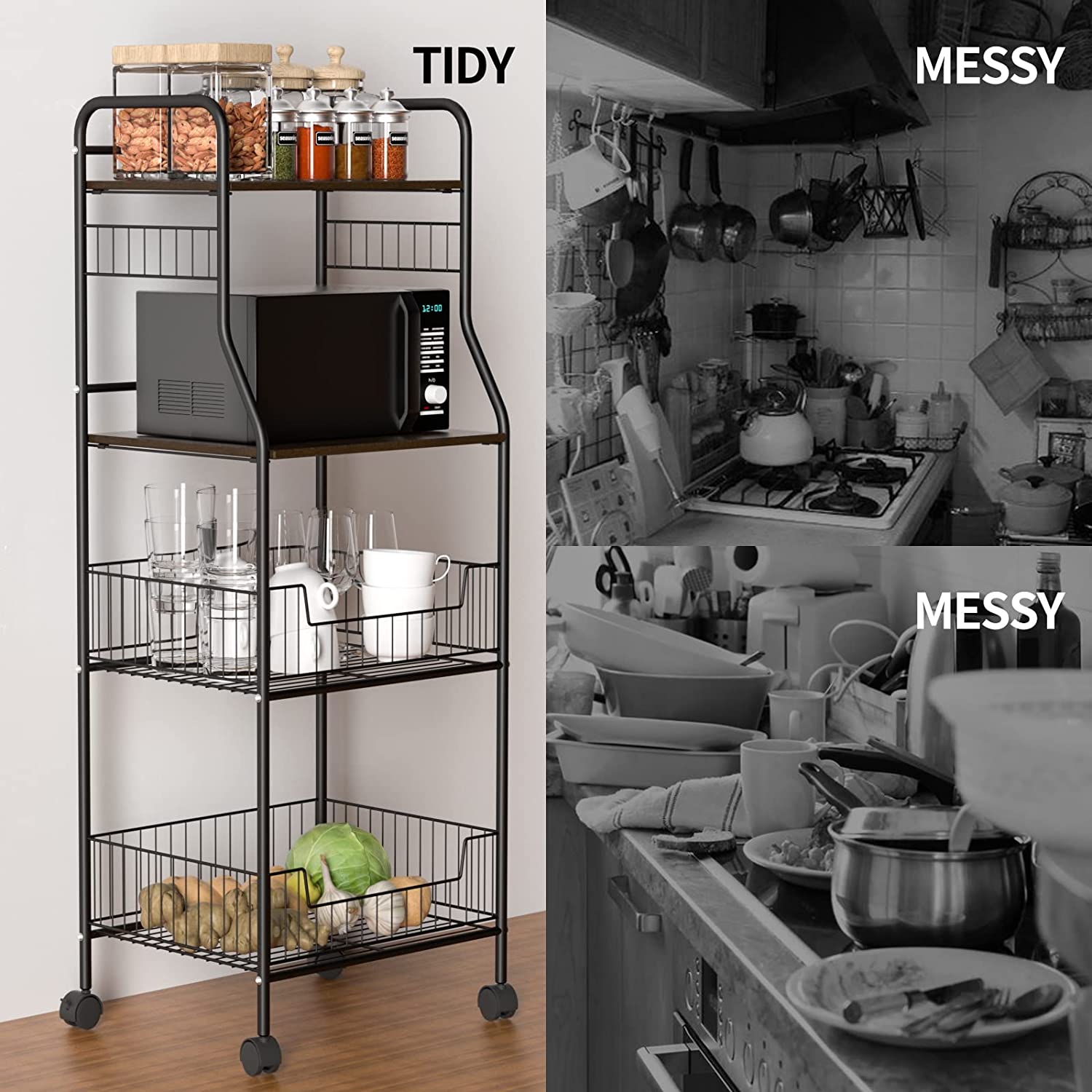 Nisorpa 4-Tier Kitchen Standing Shelf with Rolling Wheels， Baker Rack for Kitchen with Storage as Home Gift， Black