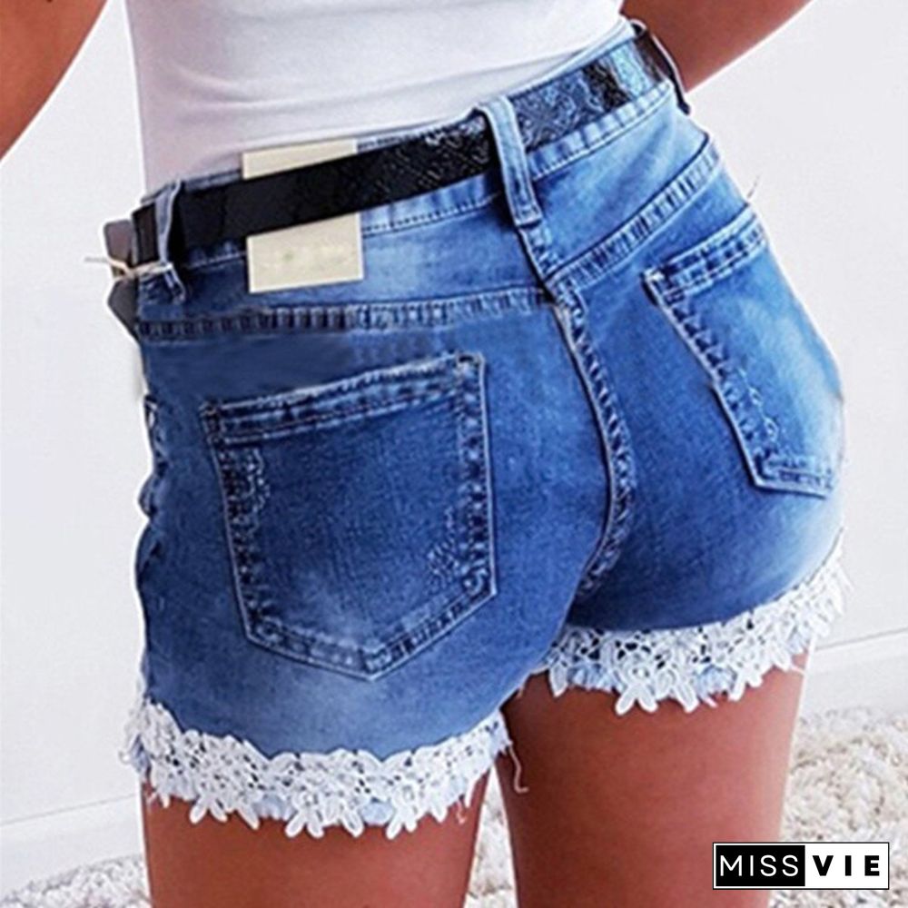 Fashion Women Denim Shorts Stitching Lace Summer Jeans Shorts 3 Colors