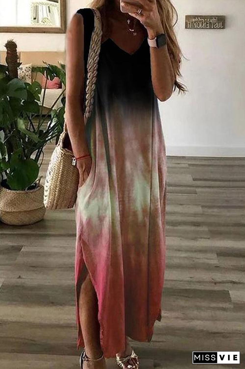 Gradient V Neck Pockets Slit Maxi Dress