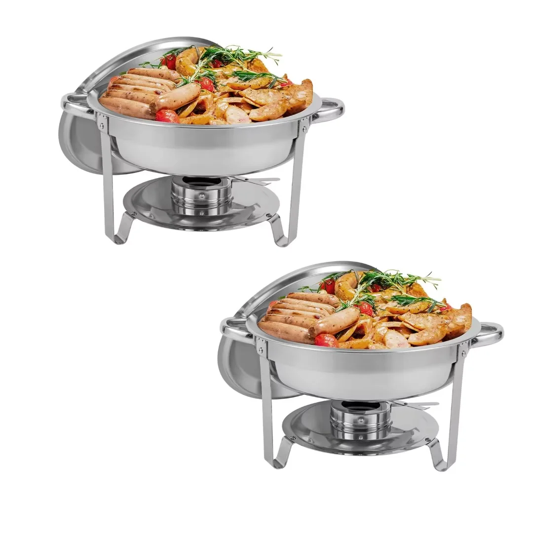 HORESTKIT 2 Packs Round Chafing Dishes Stainless Steel Chafers and Buffet Warmers Sets 5QT Large Capacity w/Water Pan， Food Pan， Fuel Holder and Lid for Catering Event Parties