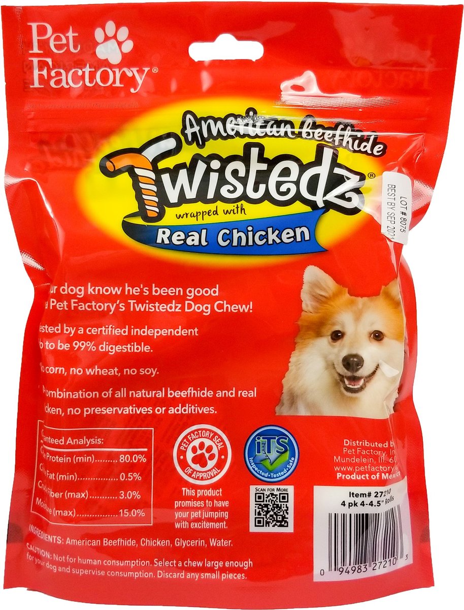 Pet Factory Twistedz 4-inch Beefhide Rolls Chicken Flavored Wrap Dog Hard Chews， 4 count