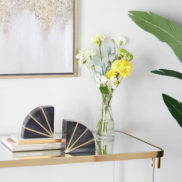 Set Of 2 Marble Geometric Bookends With Gold Inlay Black Cosmoliving By Cosmopolitan