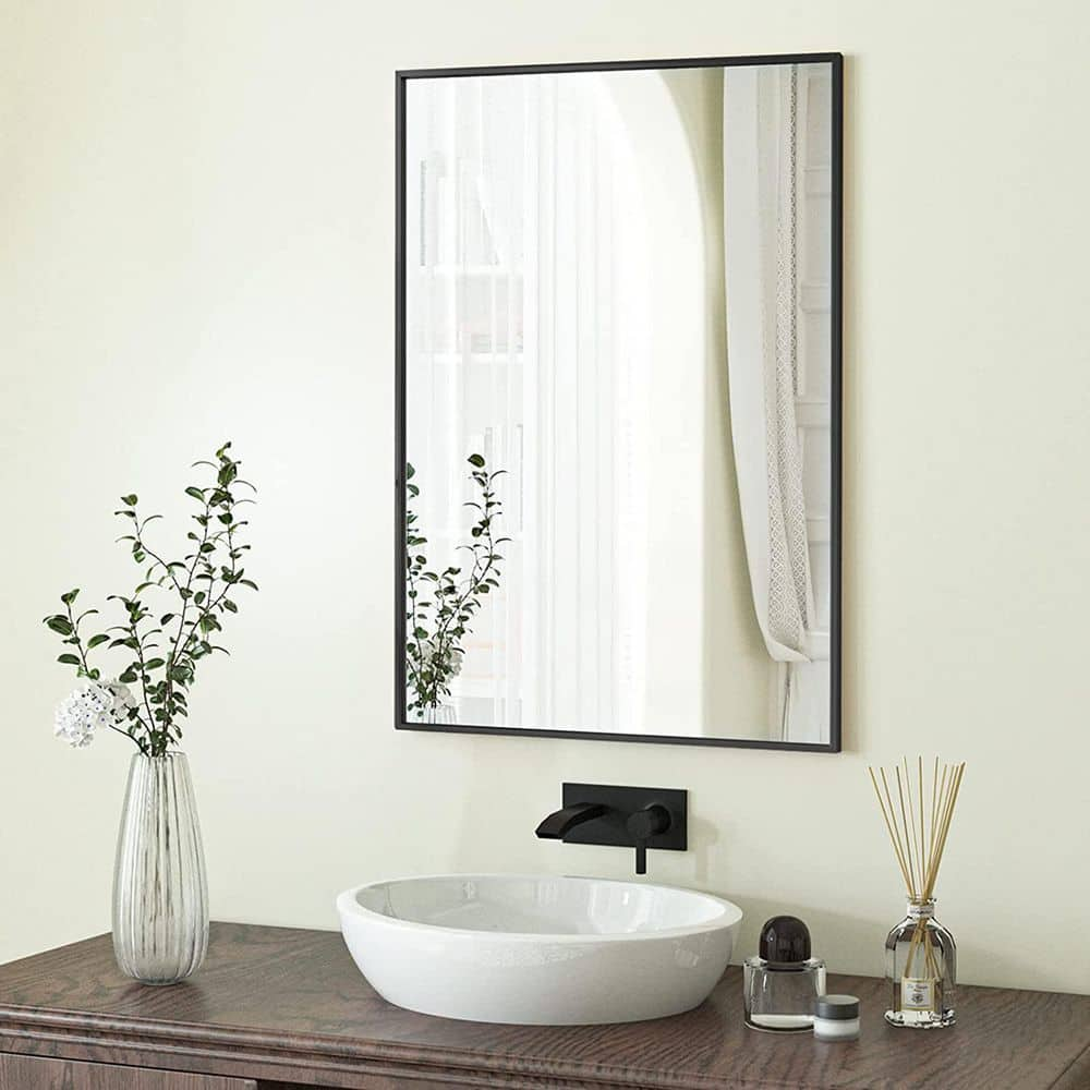 XRAMFY 26 in. W x 38 in. H Rectangular Aluminum Alloy Framed Black Wall Mirror BRTSC2638-BLACK