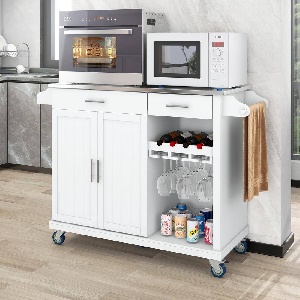 Modern White Stainless Steel Top 51 in. Kitchen Island on Wheels with 2-Drawers Racks and Storage Cabinet ZY-WF295114AAW