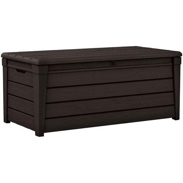 Keter Large 120 Gallon Waterproof All weather Resistant Wood Panel Outdoor Deck Garden Storage Box Bench Brown