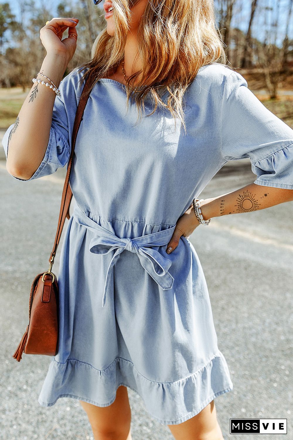 Sky Blue Ruffle Trim Half Sleeve Belted Denim Dress