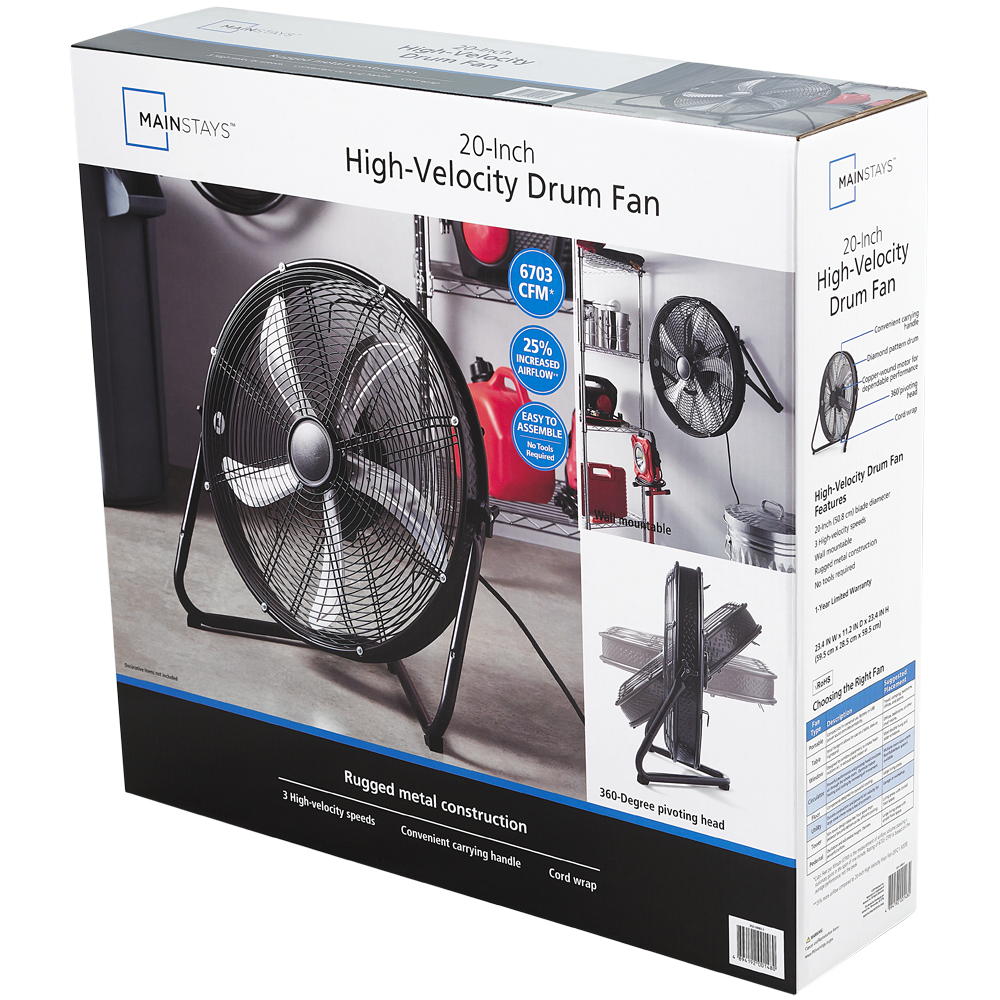 Mainstays 20 inch High Velocity Drum Fan with Wall Mount Bracket， Black