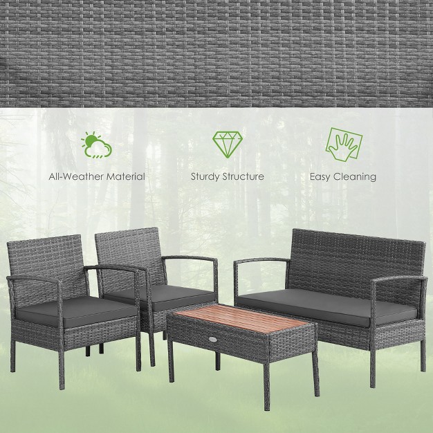 Costway 4pcs Patio Rattan Furniture Set Cushioned Chair Wooden Tabletop Gray